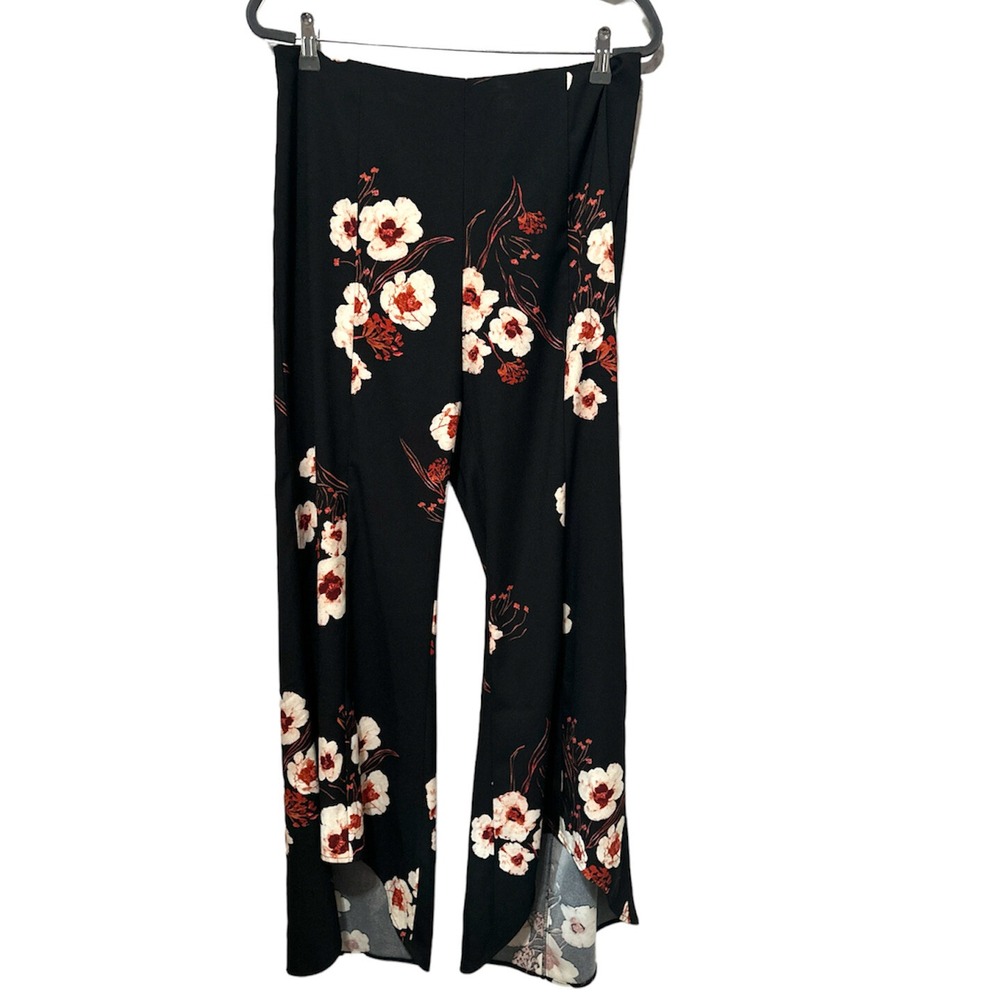 Leith Black Floral Wide Leg Pants High Waist Tulip Front Slit Palazzo Large
